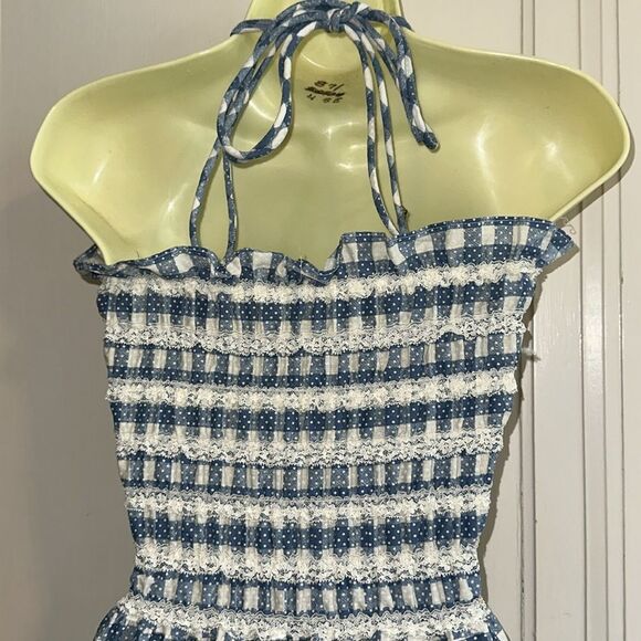 Vintage 70s Teen Girl Blue and White Gingham Halter Smocked Bodice Maxi Dress - Picture 6 of 8